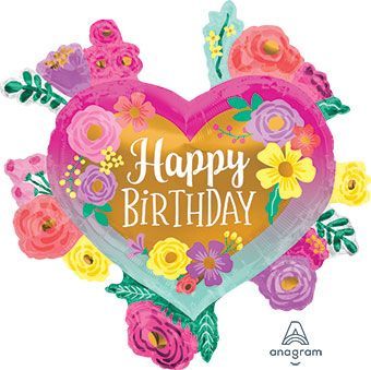 Happy Birthday Painted Flowers - 27&quot; Helium Filled Foil Balloon, Ribbon