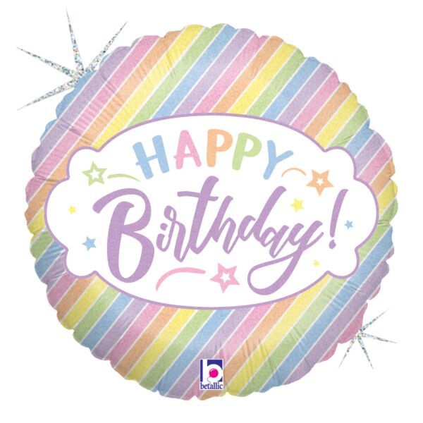 Pastel Birthday Holographic - 18&quot; Helium Filled Foil Balloon, Ribbon
