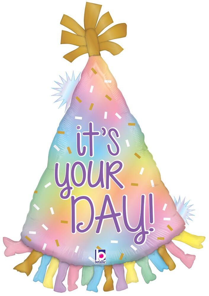 It&#39;s Your Bithday Opal Party Hat Holographic - 34&quot; Helium Filled Foil Balloon, Ribbon