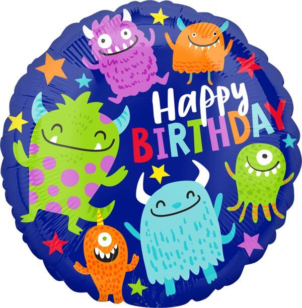 Happy Little Monster Bday  - 17&quot; Helium Filled Foil Balloon, Ribbon