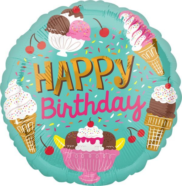 Ice Cream Party Happy Bday - 17&quot; Helium Filled Foil Balloon, Ribbon