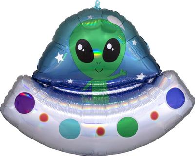 Alien Space Ship Iridescent  - 28&quot; Helium Filled Foil Balloon, Ribbon