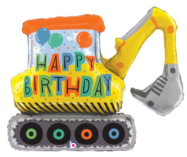 Birthday Construction Excavator - 31&quot; Helium Filled Foil Balloon, Ribbon