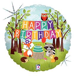 Woodland Birthday Party Holographic - 18&quot; Helium Filled Foil Balloon, Ribbon