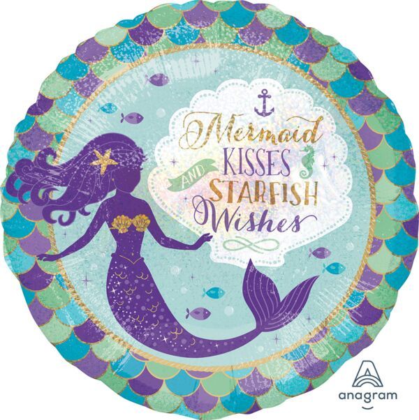 Mermaid Wishes &amp; Kisses Holographic - 18&quot; Helium Filled Foil Balloon, Ribbon