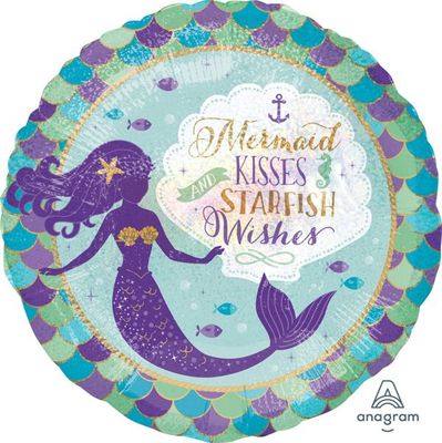 Mermaid Wishes &amp; Kisses Holographic - 18&quot; Helium Filled Foil Balloon, Ribbon