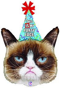 Grumpy Cat Party Face - 36&quot; Helium Filled Foil Balloon, Ribbon