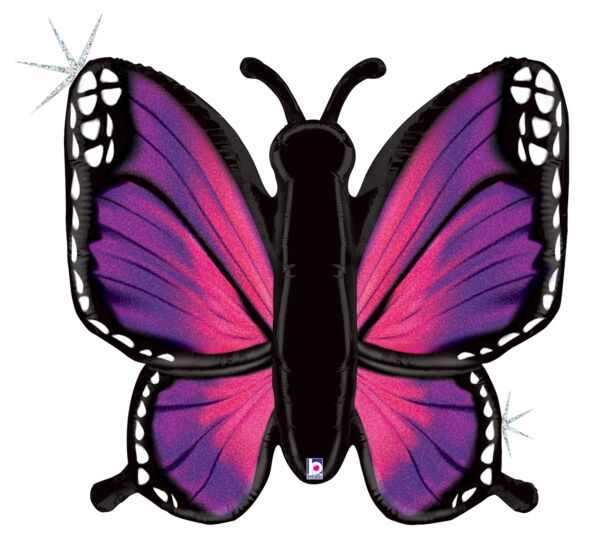 Radiant Pink Butterfly Holo - 46&quot; Helium Filled Foil Balloon, Ribbon