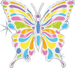 Pastel Butterfly Holographic - 33&quot; Helium Filled Foil Balloon, Ribbon