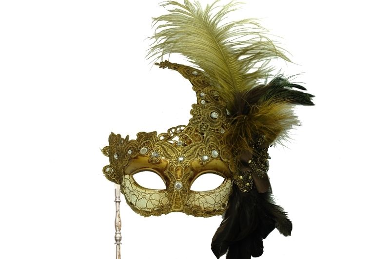 Antique Silver Mask w/Feathers - Stick
