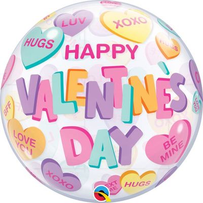 Valentine's Candy Hearts - 22" Helium Filled Bubble Balloon, Ribbon