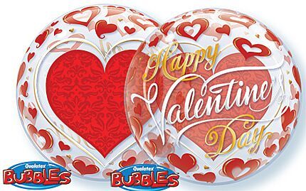 Valentine's Red Hearts - 22" Helium Filled Bubble Balloon, Ribbon