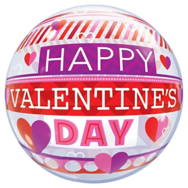 Valentine's Stripe Pattern - 22" Helium Filled Bubble Balloon, Ribbon