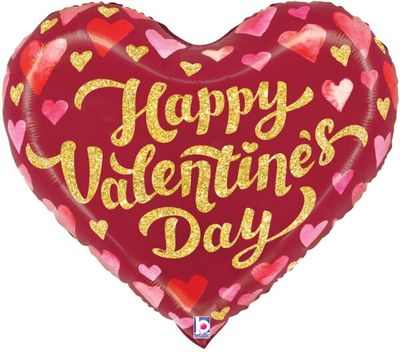 Valentines Day Sparkles Heart - 24" Helium Filled Foil Balloon, Ribbon