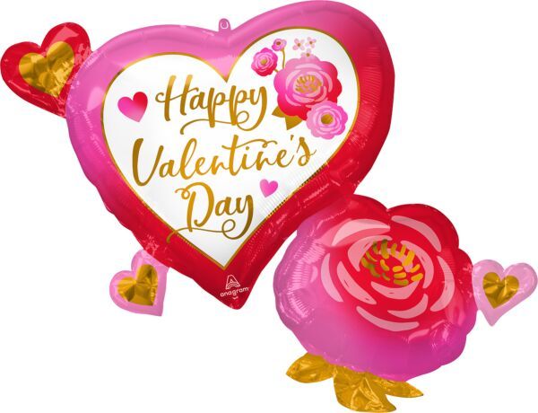 HVD Heart And Rose - 32" Helium Filled Foil Balloon, Ribbon