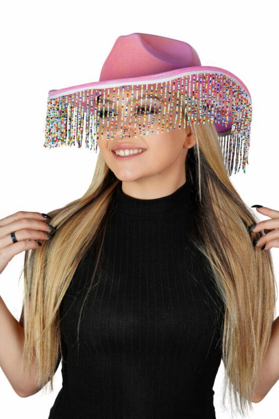 Metallic Cowboy Hat w/Bead Fringe - Pink