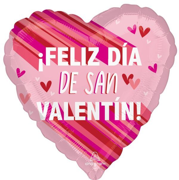 Feliz Dia De San Valentin Stripes - 28" Helium Filled Foil Balloon, Ribbon