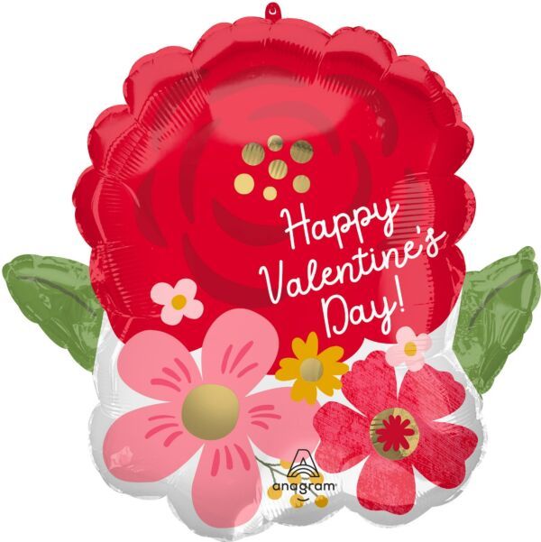 Valentine Florals - 18" Helium Filled Foil Balloon, Ribbon