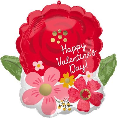 Valentine Florals - 18" Helium Filled Foil Balloon, Ribbon