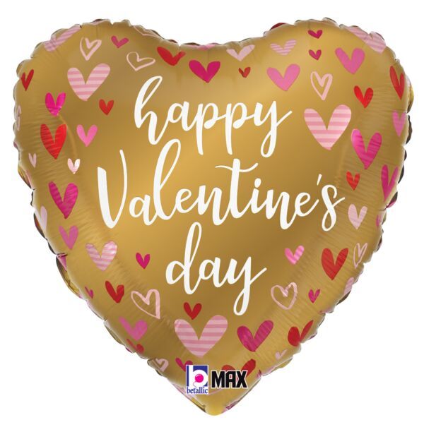 Gold Valentine Hearts - 18" Helium Filled Foil Balloon, Ribbon