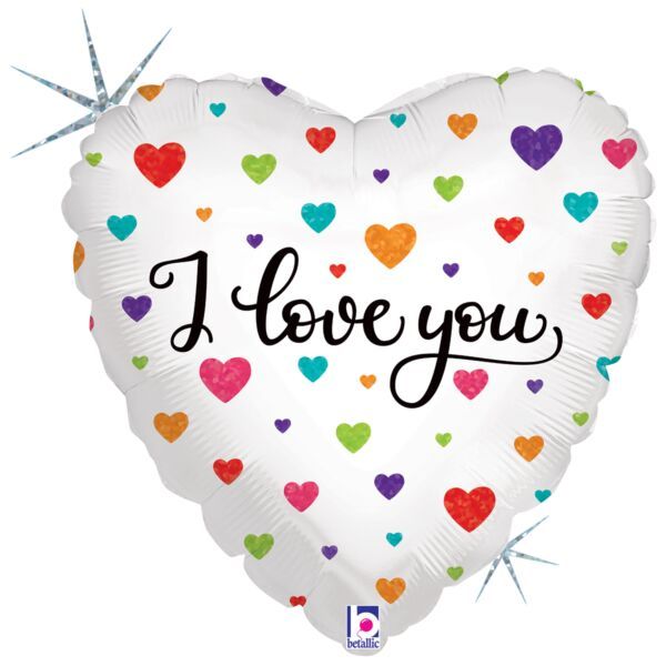 Colorful Hearts I Love You - 18&quot; Helium Filled Foil Balloon, Ribbon