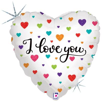Colorful Hearts I Love You - 18&quot; Helium Filled Foil Balloon, Ribbon