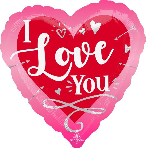I Love You Pink &amp; Red - 18&quot; Helium Filled Foil Balloon, Ribbon