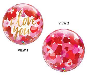 I Love You Paper Hearts -22&quot; Helium Filled Bubble Balloon, Ribbon