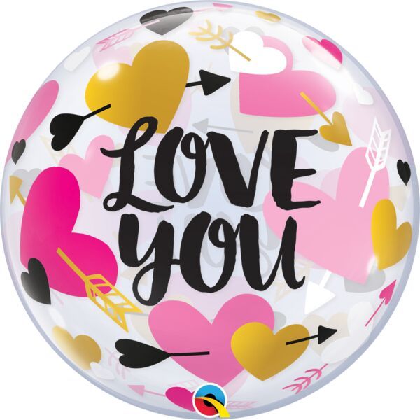 Love You Hearts and Arrows -22&quot; Helium Filled Bubble Balloon, Ribbon