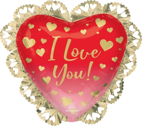 I Love You Ombré And Gold Hearts - 23&quot; Helium Filled Foil Balloon, Ribbon