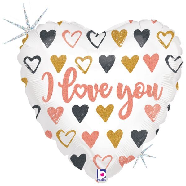 Rose Gold Hearts I Love You Holographic - 18&quot; Helium Filled Foil Balloon, Ribbon