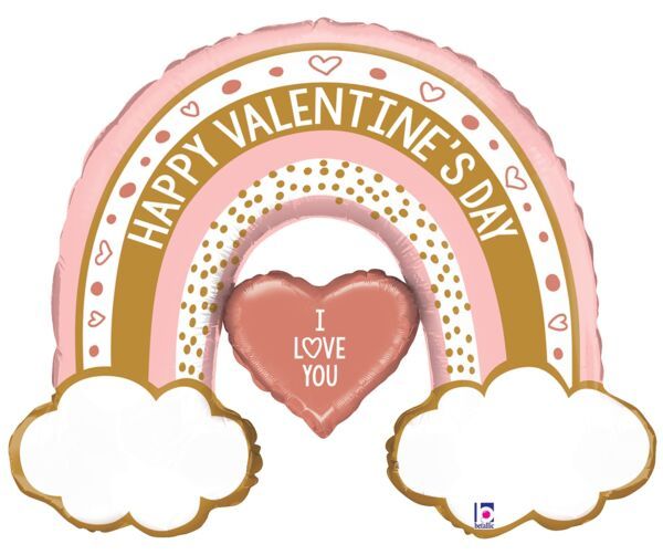 Rose Gold Valentine Rainbow - 40&quot; Helium Filled Foil Balloon, Ribbon