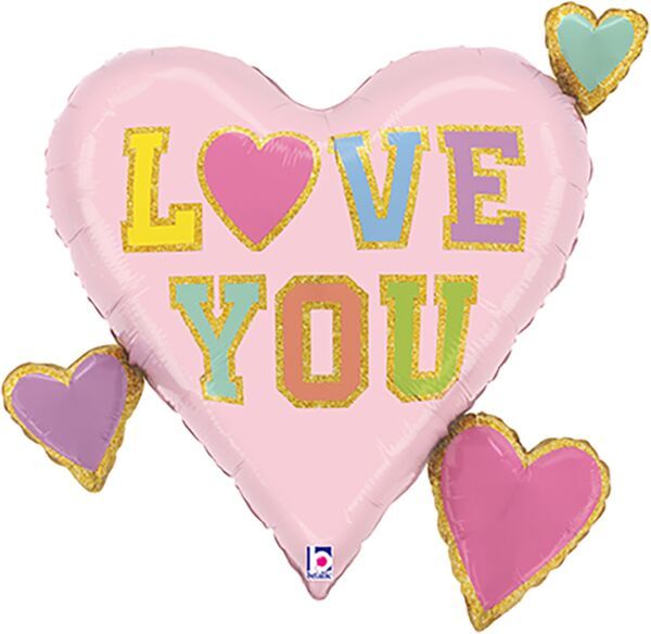 Love Patch Multi Hearts - 28&quot; Helium Filled Foil Balloon, Ribbon