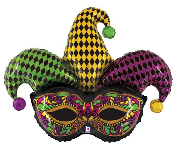 Jester Mask  - 45&quot; Helium Filled Foil Balloon, Ribbon