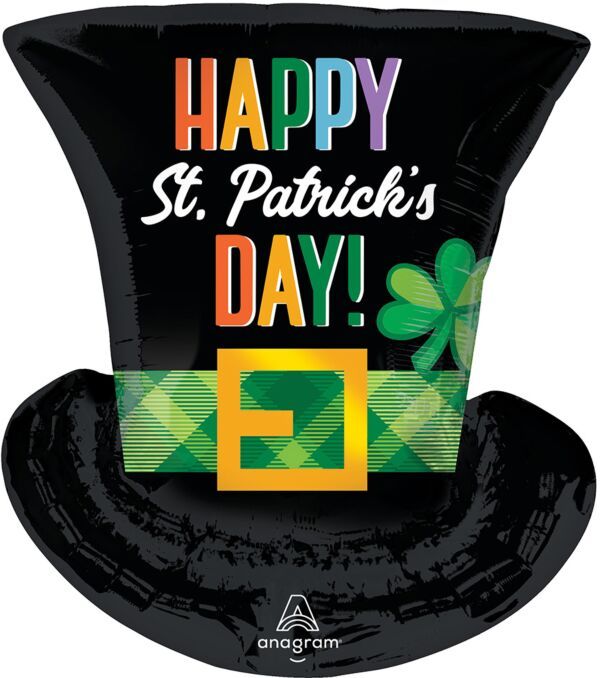 St. Patrick&#39;s Day Top Hat  - 24&quot; Helium Filled Foil Balloon, Ribbon