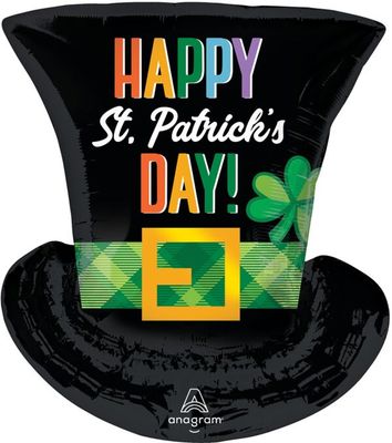 St. Patrick&#39;s Day Top Hat  - 24&quot; Helium Filled Foil Balloon, Ribbon