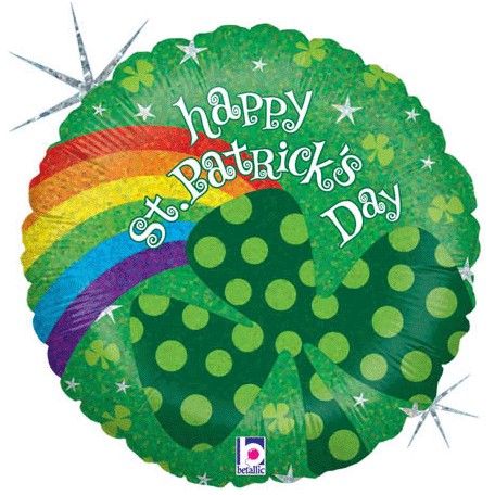 St. Patrick’s Day Holographic Rainbow - 18&quot; Helium Filled Foil Balloon, Ribbon
