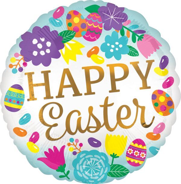 Happy Easter Eggs and Tulips - 17" Helium Filled Foil Balloon, Ribbon