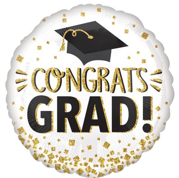 Congrats Grad Gold Glitter - 17&quot; Helium Filled Foil Balloon, Ribbon