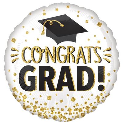 Congrats Grad Gold Glitter - 17&quot; Helium Filled Foil Balloon, Ribbon