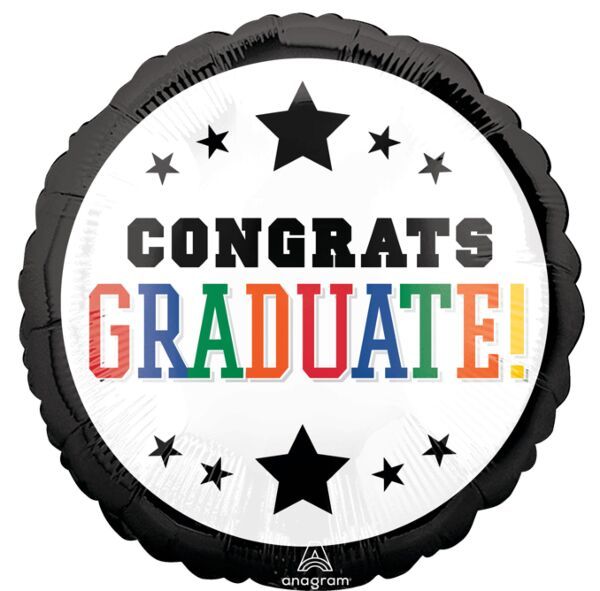 Graduation Brights Black Border - 17&quot; Helium Filled Foil Balloon, Ribbon