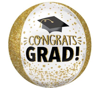 Congrats Grad Gold Glitter Orbz - 15&quot; Helium Filled Foil Balloon, Ribbon