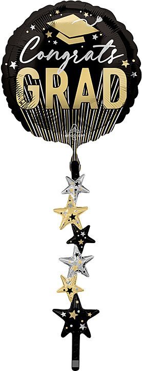 Stripes on Stripes Grad Stars - 67&quot; Helium Filled Foil Balloon, Ribbon