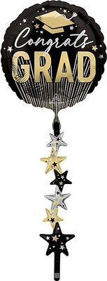 Stripes on Stripes Grad Stars - 67&quot; Helium Filled Foil Balloon, Ribbon