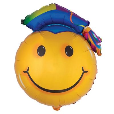 Grad Smile Face w/Hat - 38&quot; Helium Filled Foil Balloon, Ribbon