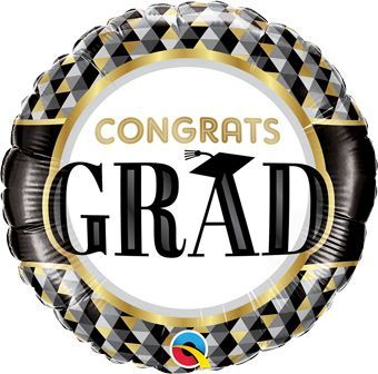 Congrats Grad Black Gold Pattern  - 18&quot; Helium Filled Foil Balloon, Ribbon