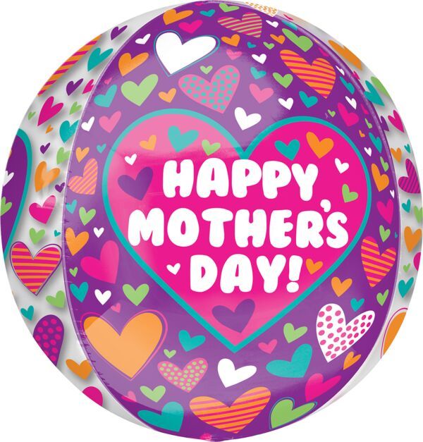 Happy Mother&#39;s Day Playful Hearts Orbz - 15&quot; Helium Filled Foil Balloon, Ribbon