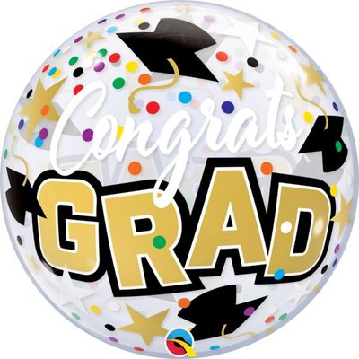 Congrats Grad Stars - 22&quot; Helium Filled Bubble Balloon, Ribbon