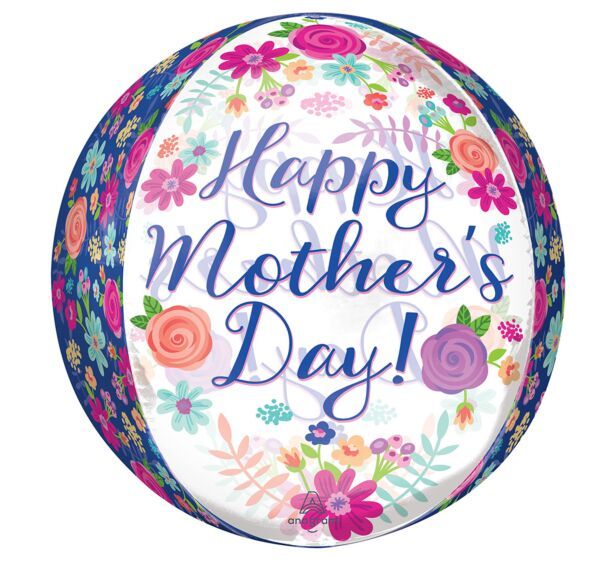 Happy Mother&#39;s Day Beautiful Floral Orbz - 15&quot; Helium Filled Foil Balloon, Ribbon