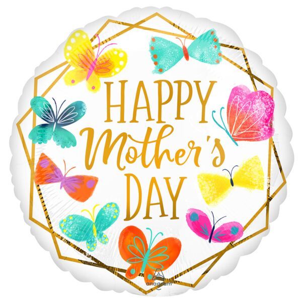 Happy Mother&#39;s Day Gold Trim  - 17&quot; Helium Filled Foil Balloon, Ribbon